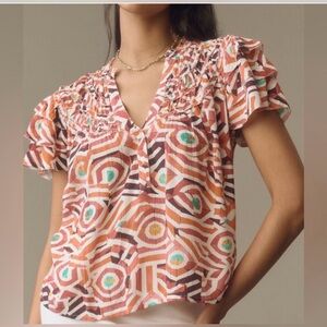 Anthropologie Maeve Short-Sleeve Ruffle Yoke Blouse Top Button Printed